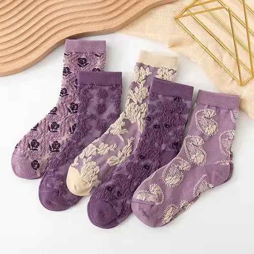 Load image into Gallery viewer, 5 Pairs Vintage Flower Embroidery Socks
