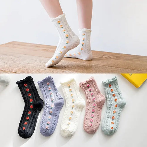 Load image into Gallery viewer, 5 Pairs Vintage Flower Embroidery Socks
