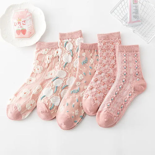 Load image into Gallery viewer, 5 Pairs Vintage Flower Embroidery Socks
