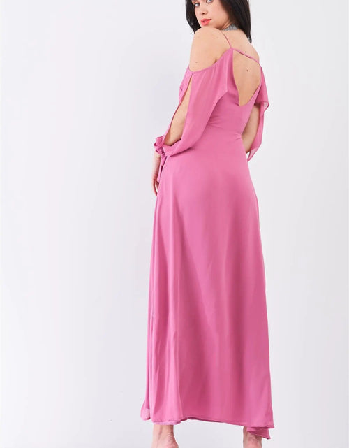 Load image into Gallery viewer, Thulian Pink Off-The-Shoulder Cut-Out Long Sleeve Deep Plunge V-Neck Slit Detail Maxi Dress
