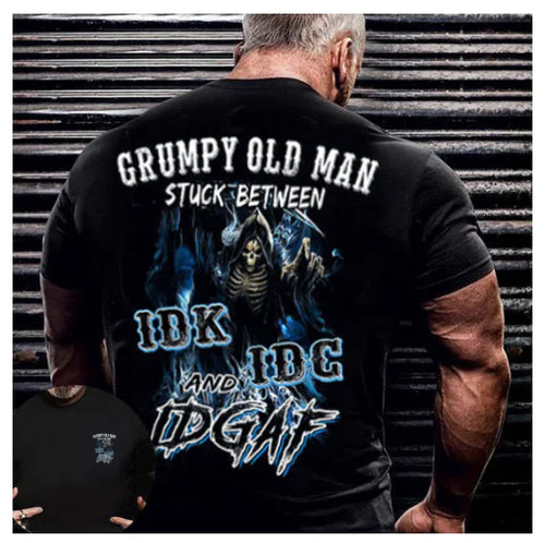 Load image into Gallery viewer, Men&#39;s Grumpy Old Man Stuck Between IDK, IDC and IDGAF T-Shirt
